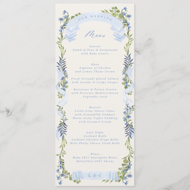 Menu blue and greenery garden crest wreath wedding (Devant)