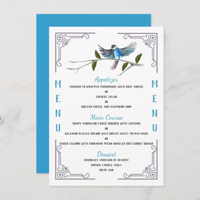 Menu Blue Bird of Happiness 4,5" x 6,25" (Devant / Derrière)