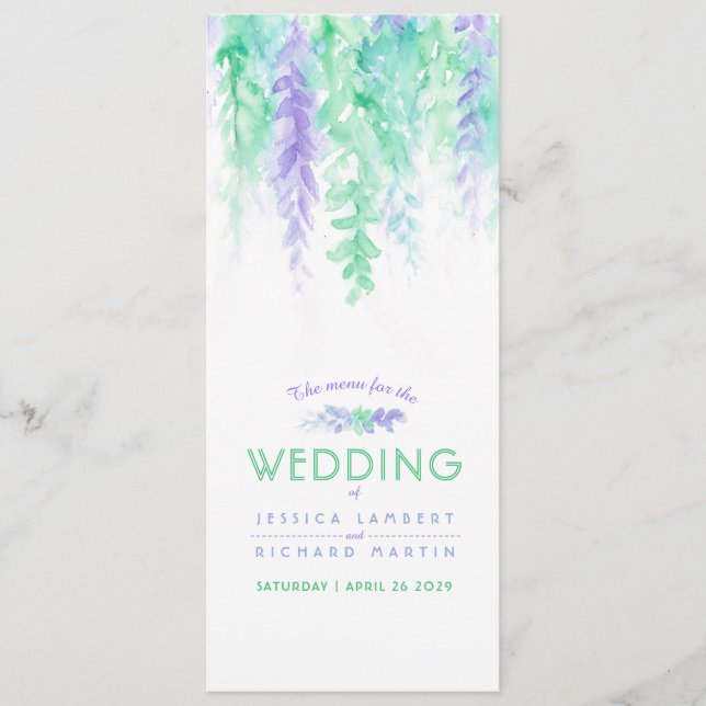 Menu blue cascading green vine art watercolor card (Front)