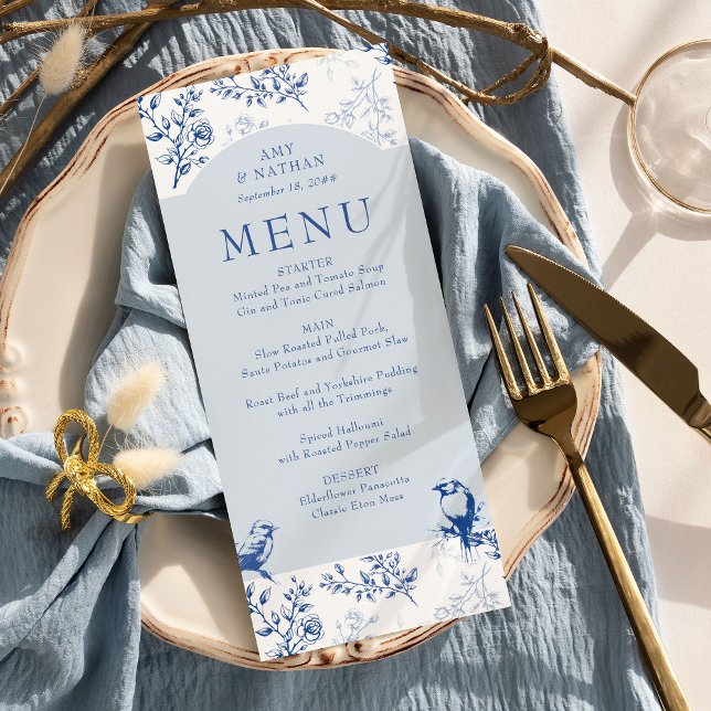 Menu Blue Chinoiserie Élégant Mariage floral (Wedding Menu from Chinoiserie Wedding Collection by Darling & May)