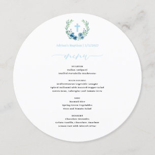 Menu Blue Floral Wreath Baby Boy Baptism rond
