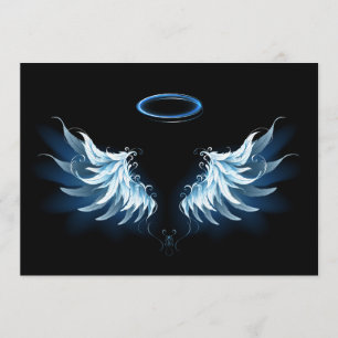 Menu Blue Glowing Angel Wings on black background