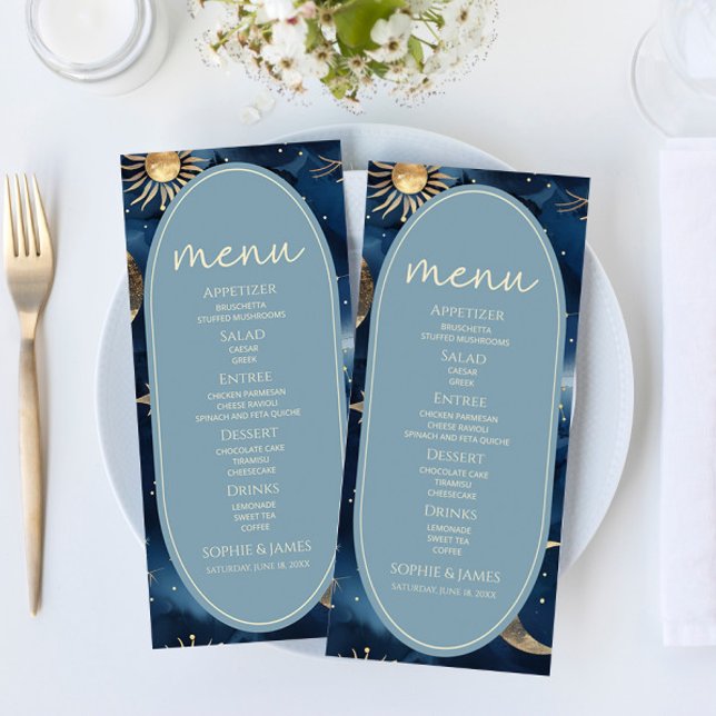 Menu Blue Gold Celestial Elegant Starry Sky Wedding (Créateur téléchargé)