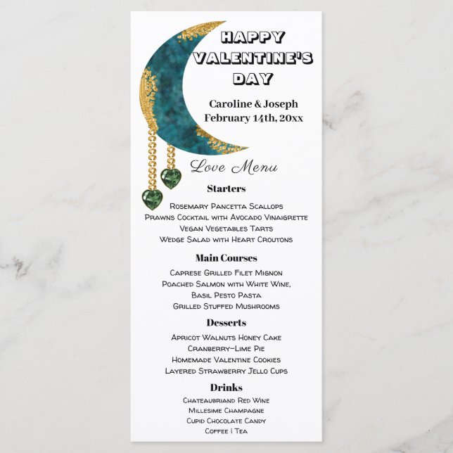 Menu Blue Gold Moon Green Heart Jewels Saint-Valentin (Devant)