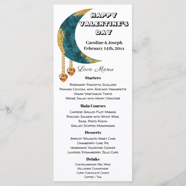 Menu Blue Gold Moon Orange Coeur Bijoux Saint-Valentin (Devant)