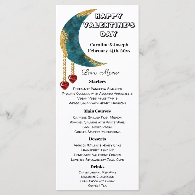 Menu Blue Gold Moon Red Heart Jewels Saint-Valentin (Devant)