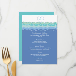 Menu Blue Ocean Wave Loopy Coeur Monogram Beach Mariage