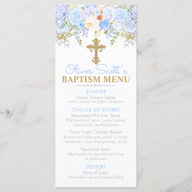 Menu Blue Rose Garden Baptême Événement personnalisé (Devant)