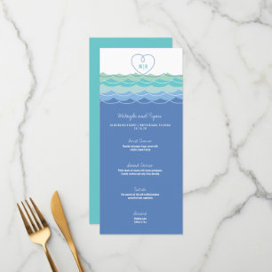 Menu Blue Waves Loopy Love Heart Monogram Beach Mariage