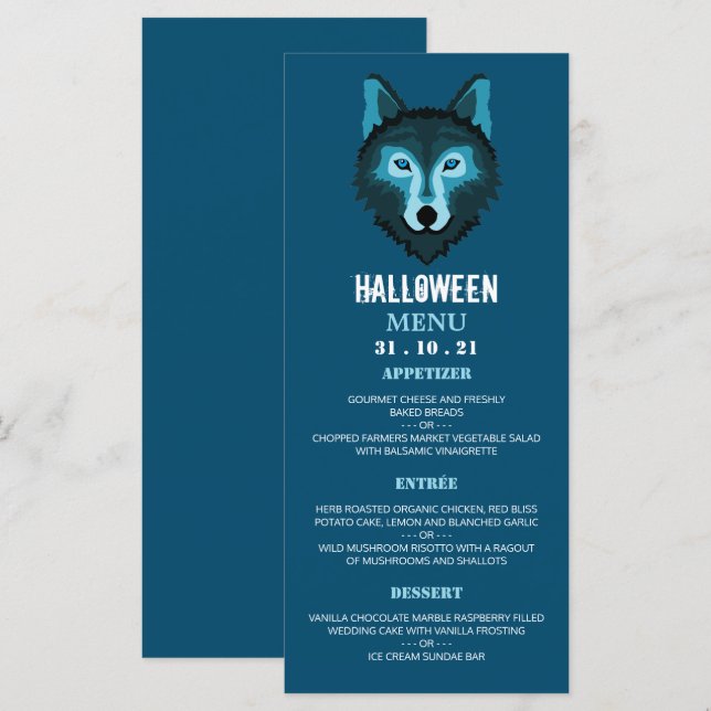 Menu Blue Wolf, fête d'Halloween (Devant / Derrière)