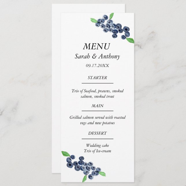 Menu Blueberries Blue Fruit Aquarelle Mariage (Devant / Derrière)