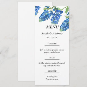 Menu Bluebonnets Blue Floral Aquarelle Mariage