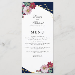 Menu Blush Pink Burgundy Floral Gold Navy Mariage bleu