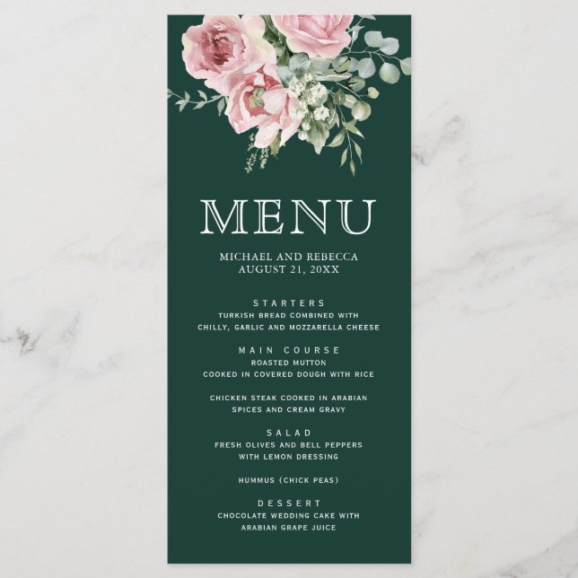Menu Blush Pink Floral Eucalyptus Emerald Green Wedding (Devant)