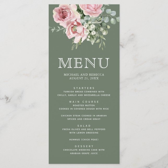 Menu Blush Pink Floral Eucalyptus Sage Green Wedding (Devant)