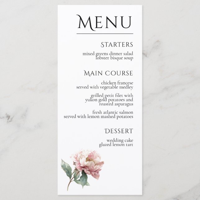 Menu Blush Pink Peony Flower Elegant Dinner Wedding  (Devant)
