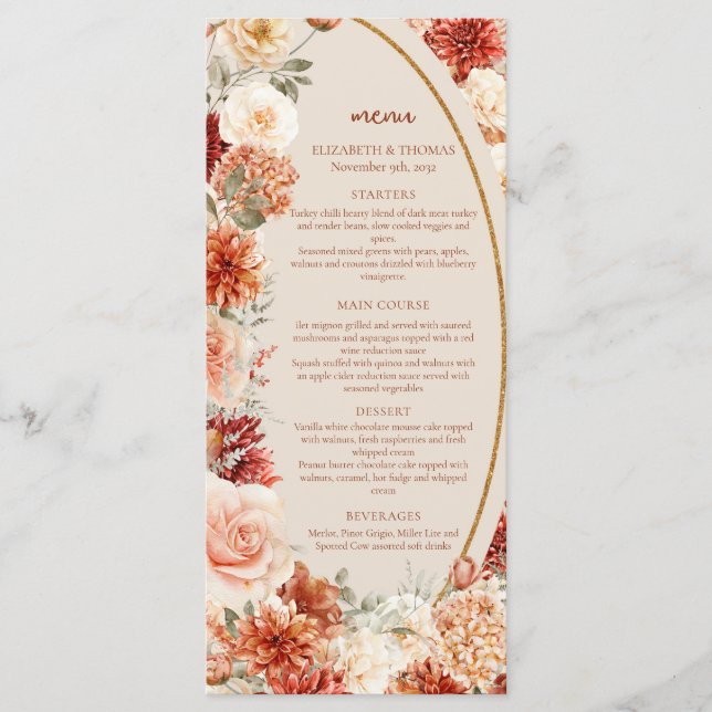 Menu Bohème coloré automne floral sauge rouillé coloré (Devant)