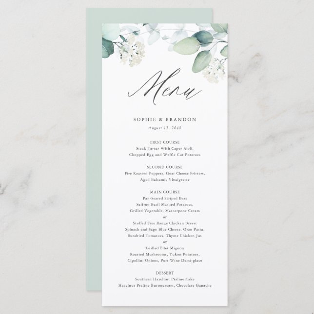 Menu Boho Aquarelle Eucalyptus Feuille Mariage vert (Devant / Derrière)
