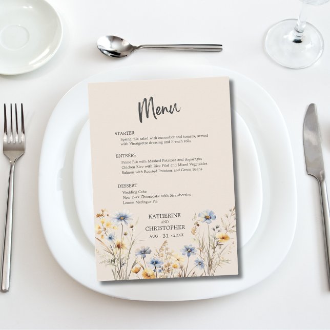 Menu BOHO Aquarelle Fleur sauvage Elégant Mariage beige (BOHO Wildflowers Elegant Wedding Menu with Menu Options, Blue and Yellow Watercolor Wildflowers.)