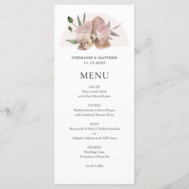 Menu Boho Arch Dusty Orchids Floral Mariage (Devant)