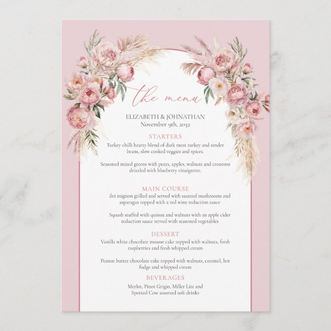 Menu boho arch pampas fleurs rose vif moderne (Devant)