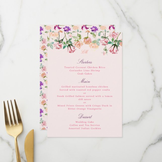 Menu Boho Botanique Romance Aquarelle Roses (Devant/Arrière en situation)
