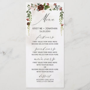 Menu Boho Burgundy Rose Rose Aquarelle Mariage Floral