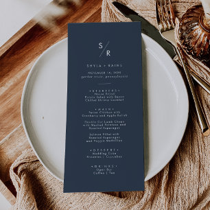 Menu Boho Chic Dark Navy Mariage Monogramme bleu