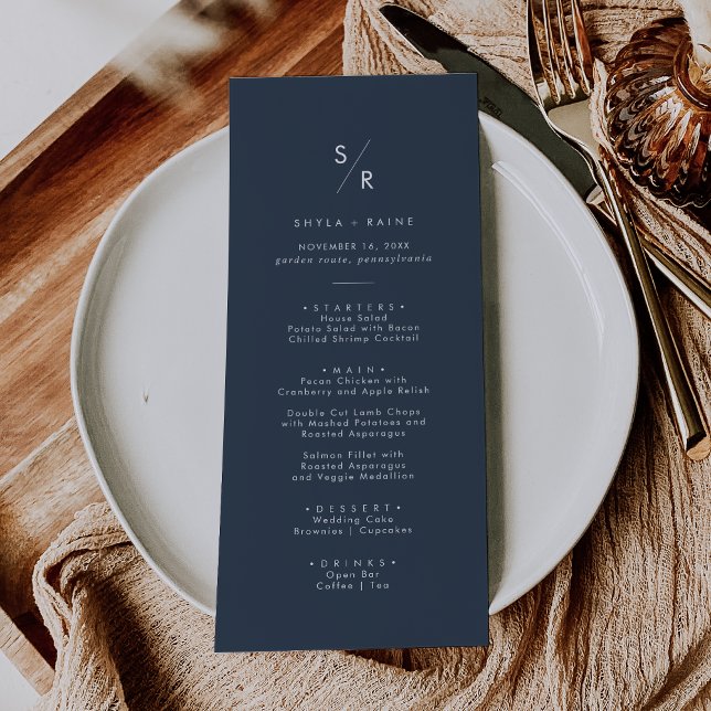 Menu Boho Chic Dark Navy Mariage Monogramme bleu (Créateur téléchargé)