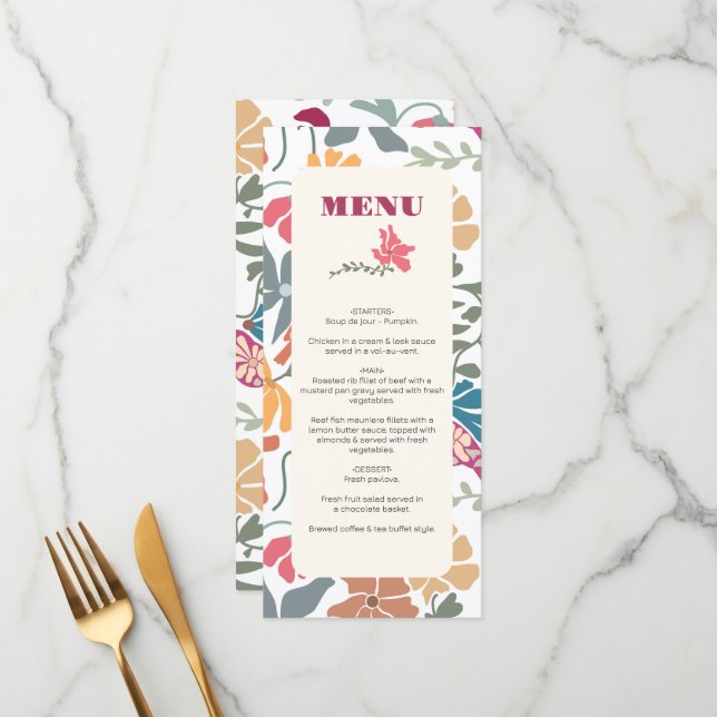Menu Boho Chic Floral Mariage Rétro Milieu de Siècle (Devant/Arrière en situation)