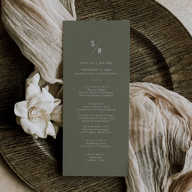 Menu Boho Chic Olive Vert Monogramme Mariage (Créateur téléchargé)