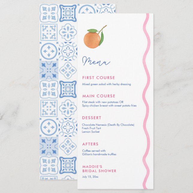 Menu Boho Citrus Wedding shower Noms des lieux individu (Devant / Derrière)
