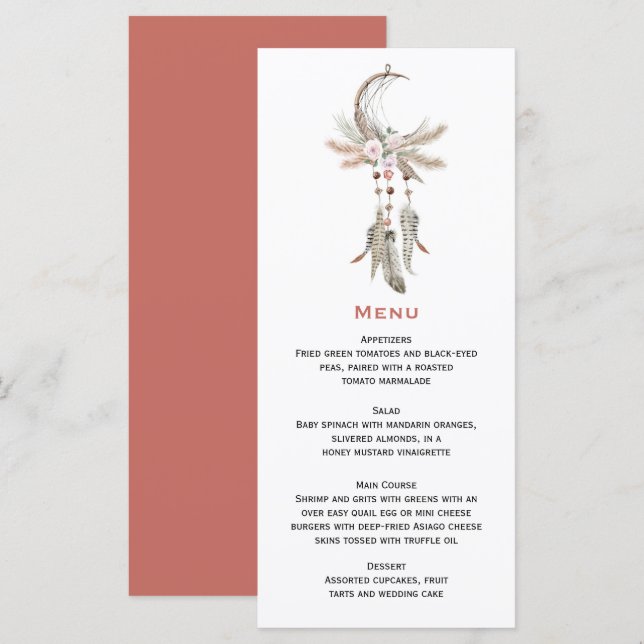Menu Boho Dreamcatcher Pampas Plumes en laiton Floral (Devant / Derrière)