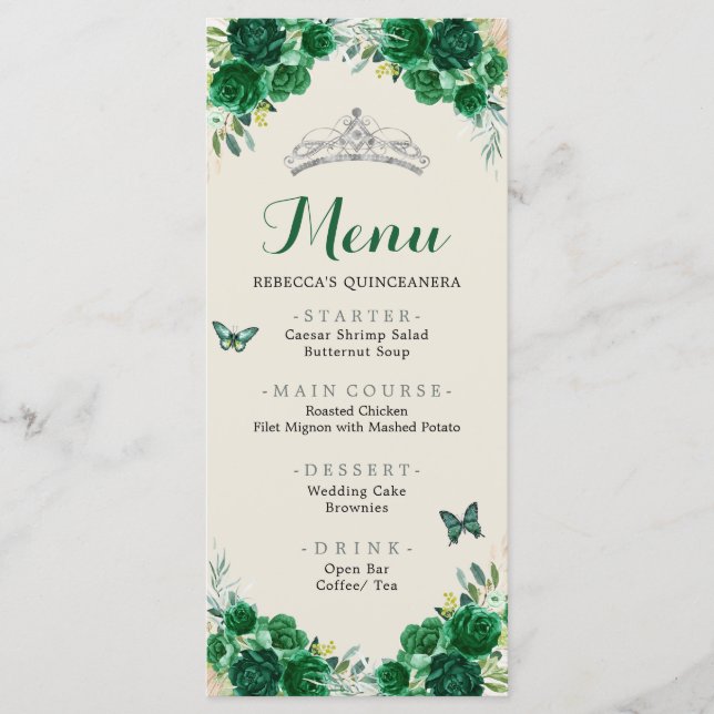 Menu Boho Emerald Green Floral Quinceañera (Devant)