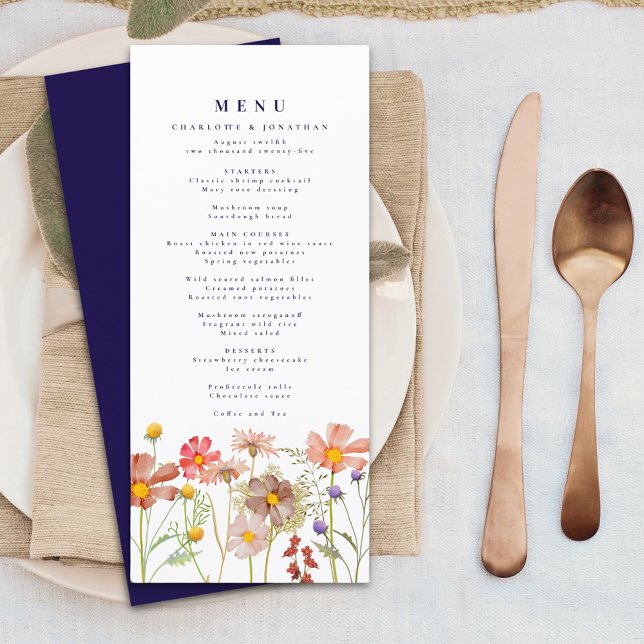Menu Boho Fall Fleur sauvage Meadow Navy Mariage bleu (Boho fall wildflower meadow elegant navy blue typography wedding menu card Watercolor flowers )
