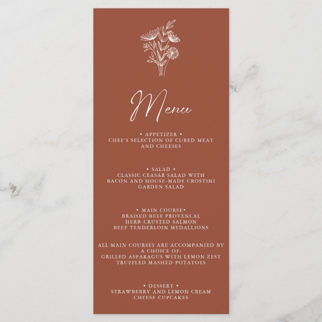Menu Boho Moderne Floral Terracotta Brûlé Orange Mariag (Devant)