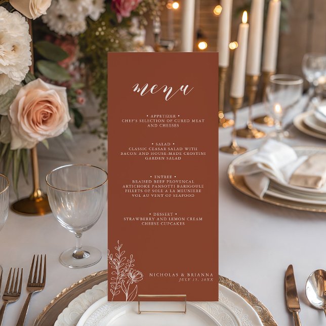 Menu Boho Moderne Floral Terracotta Brûlé Orange Mariag (Créateur téléchargé)