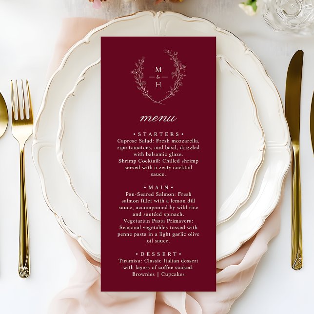 Menu Boho Monogram Elegant Burgundy Wedding Dinner (Créateur téléchargé)