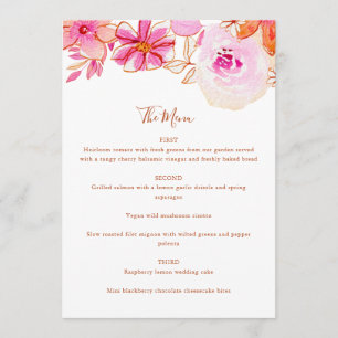 Menu Boho Rose Orange Fleurs Mariage Personnalisé