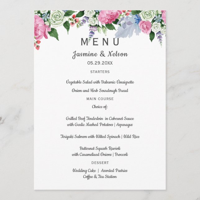 Menu Boho rose rustique lavande fleurs Mariage ou parti (Devant)