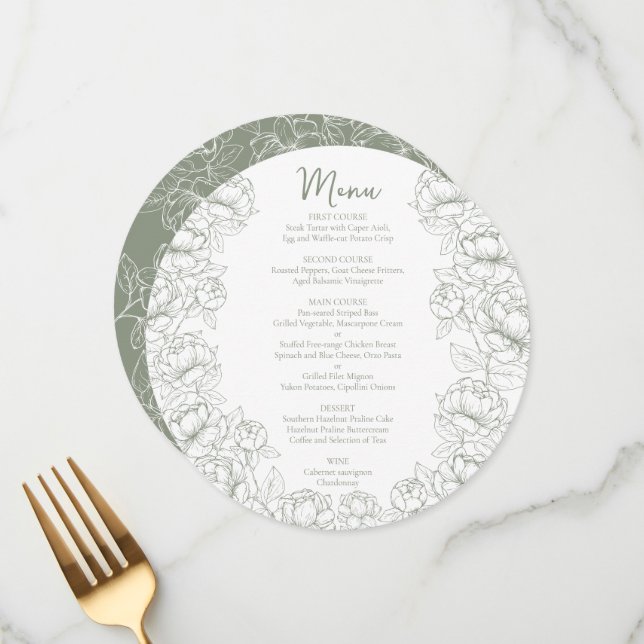 Menu Boho Sage Vert Chic Floral Moderne Mariage Rond (Devant/Arrière en situation)