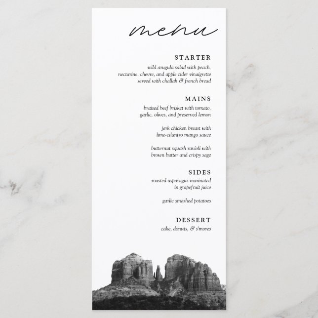Menu Boho Sedona Arizona Dîner Mariage noir et blanc (Devant)