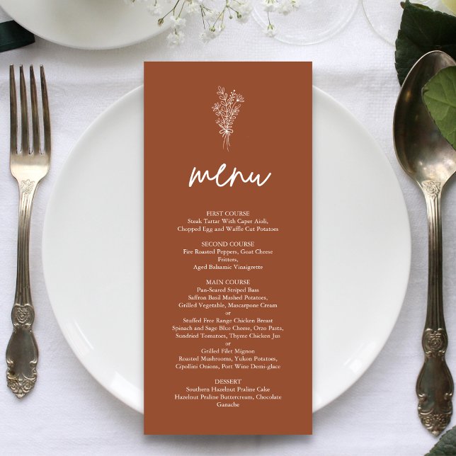 Menu Boho Terracotta Orange Brûlé Mariage Rustique (Boho terracotta wedding menu displays your dishes while adding warm rustic charm.)