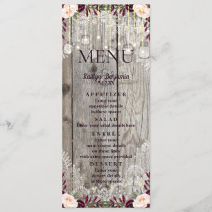 Menu Bois de dentelle rustique et lumières à cordes Men