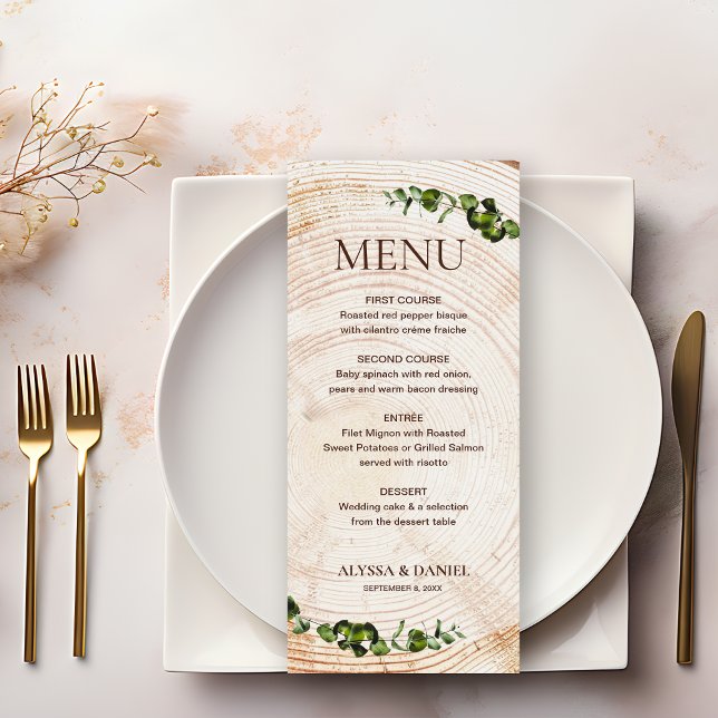 Menu Bois écorce Vert feuillage feuille Cours de repas (Unique, personalized, rustic wedding Menu with wood tree background and green botanical leaves.)