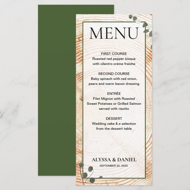 Menu Bois Mariage rustique écorce avec eucalyptus (Devant / Derrière)