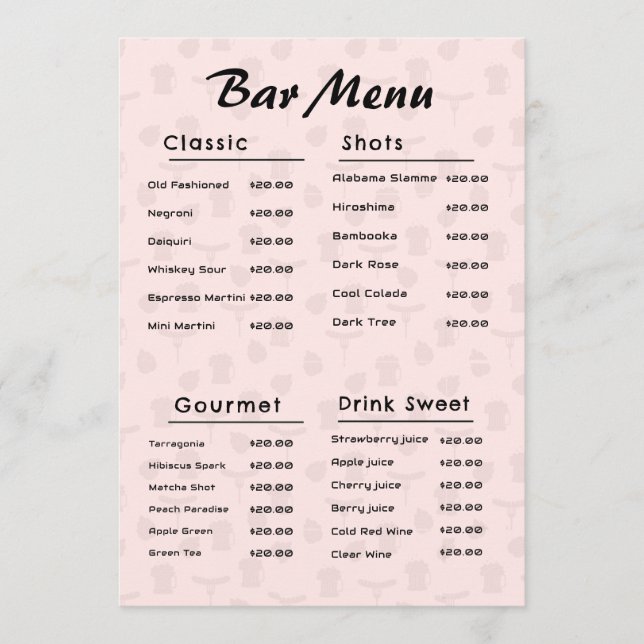 Menu Boisson à la barre rose simple (Devant)