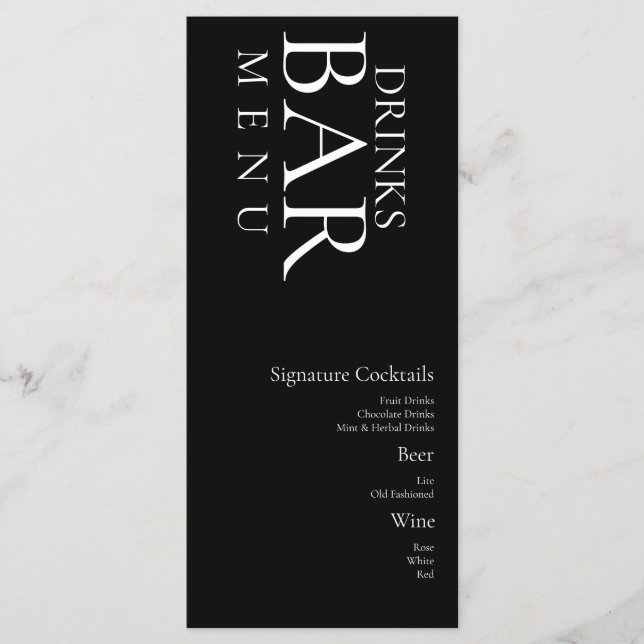Menu Boissons simples Cocktail Vin Mariage Noir Blanc (Devant)