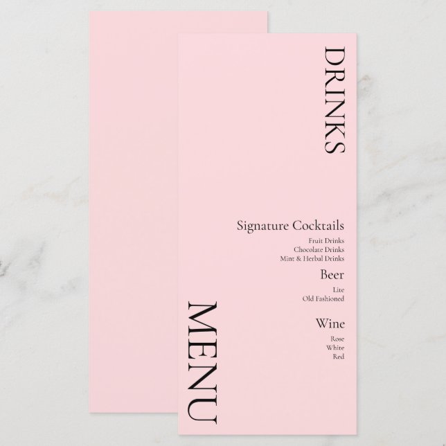 Menu Boissons simples Cocktail Vin Mariage Rose (Devant / Derrière)