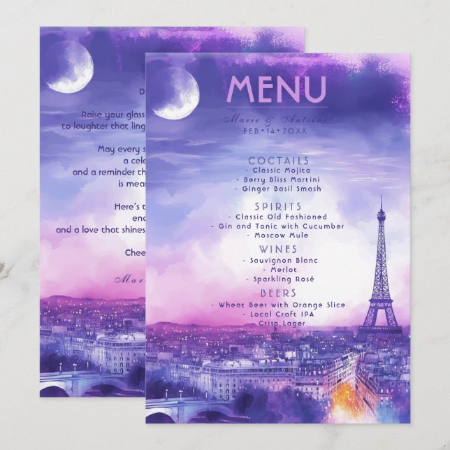 Menu BOISSONS + texte charmant Amour Éternel  (Devant / Derrière)